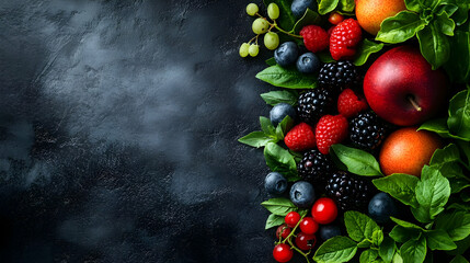 Fresh Fruit and Berries on Dark Background - Realistic Image