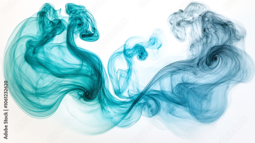 Poster swirling turquoise and gray smoke creating an abstract pattern on a white background