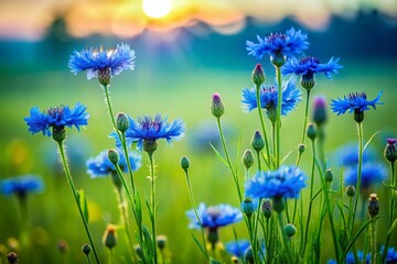 Fototapeta premium Stunning Silhouette of Blue Wildflowers Against Lush Green Field - Nature Photography, Floral Beauty, Scenic Landscape, Wildflower Season, Vibrant Colors, Outdoor Serenity, Tranquil Views