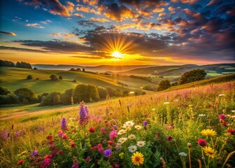 Fototapeta premium Stunning Sunrise Over Rural Countryside Field, Vibrant Ripe Meadow Landscape, Canvas Art Inspiration, Nature Photography, Beautiful Dawn Colors, Serene Farm Scenery