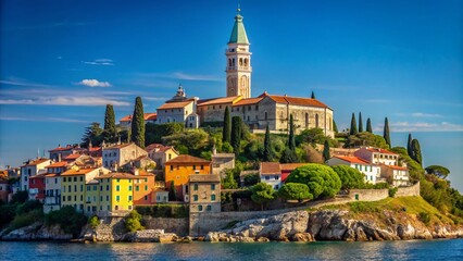 Fototapeta premium Stunning View of Saint Euphemia Church on the Hill in Rovinj, Croatia Under a Bright Blue Sky - A Perfect Capture of Mediterranean Architecture and Scenic Landscapes