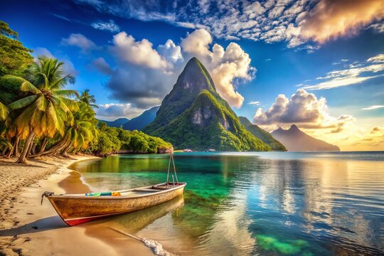 Stunning Vintage Poster of Saint Lucia's Pitons from a Beach Boat - Vacation Paradise Illustration