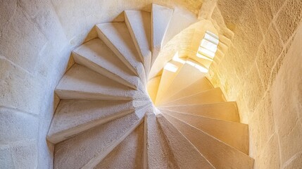 Sunlit Spiral Staircase in a White Stone Interior
