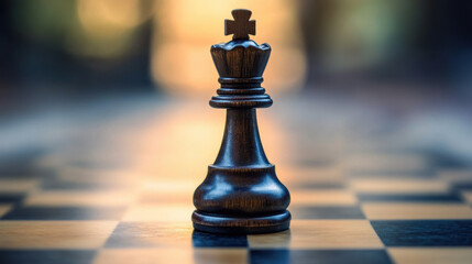 close up of wooden chess king piece stands prominently on blurred chessboard, symbolizing strategy and competition. warm tones create inviting atmosphere for chess enthusiasts