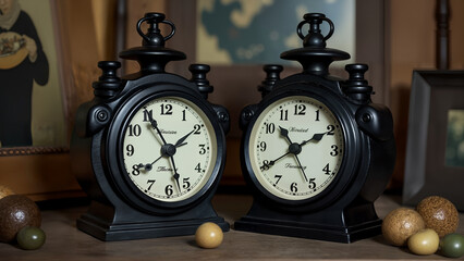 Naklejka premium An Artistic Display of Two Black and White Clocks Surrounded by Unique Art Pieces