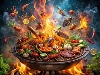 Surreal BBQ Delight: Grilled Meats and Seafood Amidst Enigmatic Flames and Smoke in an Outdoor Paradise