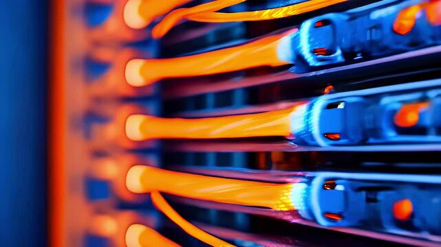 Close-up of orange network cables plugged into a server.