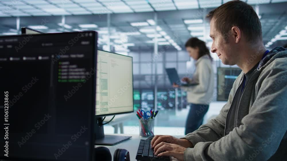 Poster system administrator in server room doing system analysis, coding supercomputers. specialist working