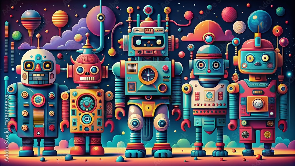 Aufkleber surreal flat design robot character collection for futuristic aesthetics and playful imagination in 