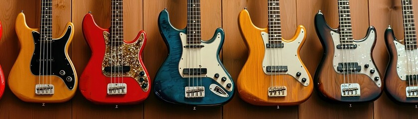 Obraz premium A vibrant display of colorful electric guitars hanging on a wall showcases a variety of styles and finishes.