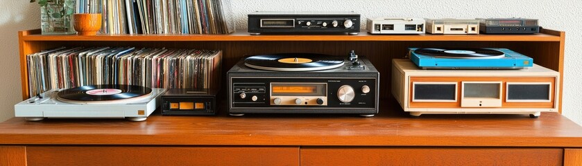 Fototapeta premium A vintage audio setup featuring a record player, tapes, and a stereo on a wooden shelf, creating a nostalgic atmosphere with music memorabilia.