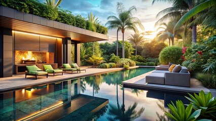 Fototapeta premium Surreal Outdoor Pool Area Near Modern Villa with Lounge Furniture, Fireplace, and Lush Tropical Garden Surroundings