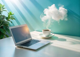 Fototapeta premium Surreal White Office Desk with Blank Notebook, Laptop, and Coffee Cup – Minimalist Workspace Inspiration for Creativity and Productivity