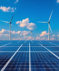 A landscape featuring solar panels in the foreground and towering wind turbines in the background, set against a blue sky dotted with fluffy clouds, symbolizing renewable energy.