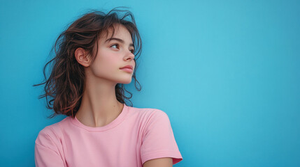 Obraz premium young woman in profile stands against vibrant blue background, showcasing her natural beauty and thoughtful expression. Her casual pink t shirt complements lively setting