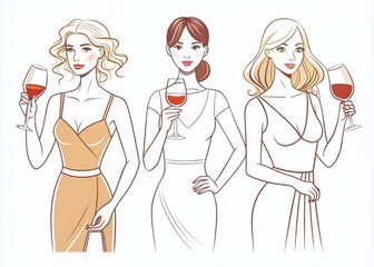 Trendy Minimalist Vector Illustrations of Female Figures Holding Wine Glasses in Stylish Poses for Modern Art and Design Projects