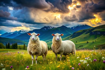 Fototapeta premium Two Fluffy Sheep in Scenic Grassy Field with Mountains and Cloudy Sky - Serene Nature Landscape