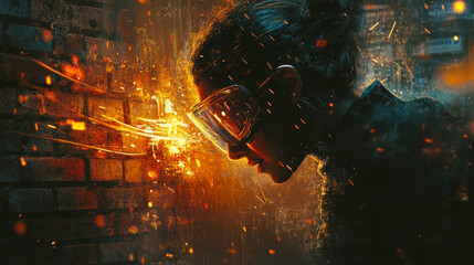 Naklejka premium skilled worker wearing safety goggles focuses on arc welding, surrounded by sparks and bright light, showcasing dedication and precision in dynamic environment