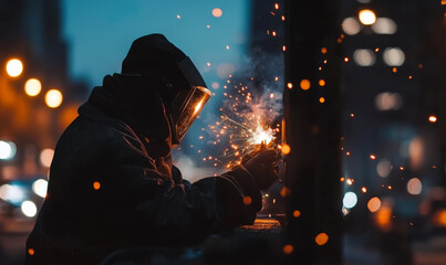 Close up of metal worker welding, sparks flying in evening. worker is wearing protective helmet, showcasing intensity of task