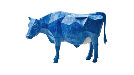 Blue geometric cow sculpture on white isolated background