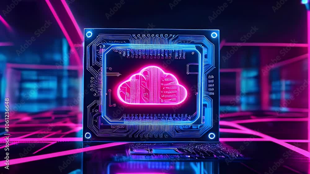 Poster a glowing cloud symbol on a circuit board, representing the cloud computing.