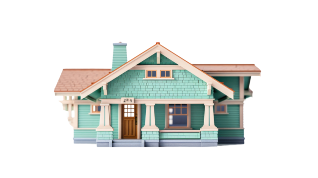 Charming green house model on a white isolated background.