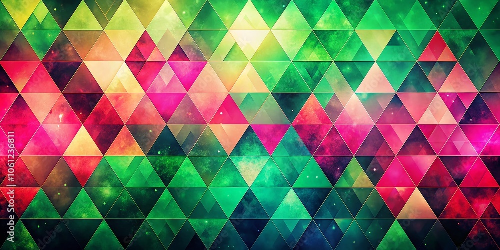 Poster vibrant double exposure geometric background with colorful gradient triangles in green and pink for 