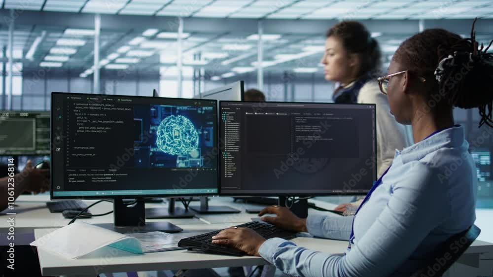 Poster woman leaving desk after finishing programming tasks in ai data center used for machine learning tra