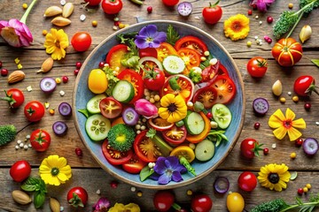 Fototapeta premium Vibrant Confetti Salad with Fresh Ingredients, Colorful Vegetables, and Whimsical Presentation for Healthy Eating, Summer Parties, and Festive Celebrations in Panoramic Photography