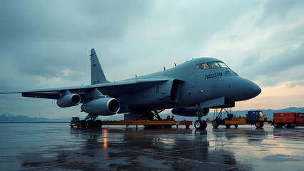 A Captivating Scene Featuring a Military Plane Being Transported Behind a Monitor Against the Backdrop of Vast Landscapes, Celebrating Aviation Artistry