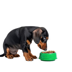 Obraz premium Dachshund puppy eating from a green food bowl, white background