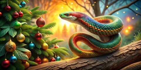Fototapeta premium Vibrant Salad-Colored Snake Circling a Tree for Oriental Calendar, Christmas and New Year Celebration, Exotic Nature Illustration, Festive Wildlife Imagery