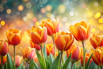 Obraz premium Vibrant Spring Tulips in Blurred Bokeh Background with Copy Space for Creative Projects