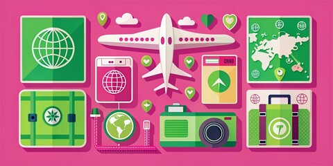 Fototapeta premium Vibrant Travel Icons Set: Airplane, Camera, Passports, and Bus in Pink and Green Colors – Perfect for Tourism and Adventure Themes