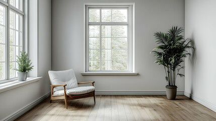 White Room Interior Design with Armchair and Plant - 3D Illustration