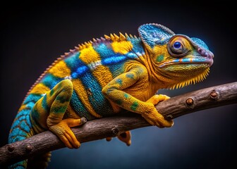 Obraz premium Vibrant Yellow and Blue Chameleon on Branch Against Dark Background - Exotic Wildlife Photography, Colorful Reptiles, Nature Beauty, Animal Portraits, Chameleon Close-Up