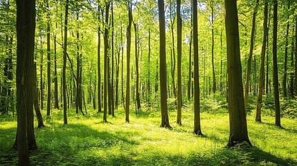 Fototapeta premium A serene and lush green forest scene, with towering trees surrounding a peaceful, hidden clearing. The vibrant shades of green from the leaves, moss-covered trunks, 