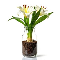  White Lilies Growing in Glass Jar with Soil