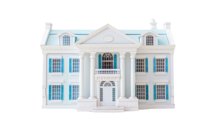 Elegant white mansion with blue accents on a white background.