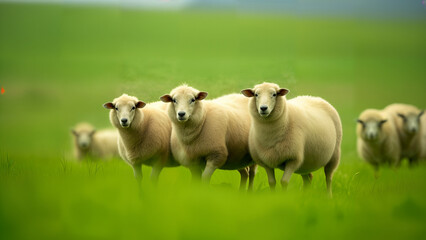Fototapeta premium A Serene Herd of Cozy Covered Sheep Grazing Peacefully in a Lush Green Meadow