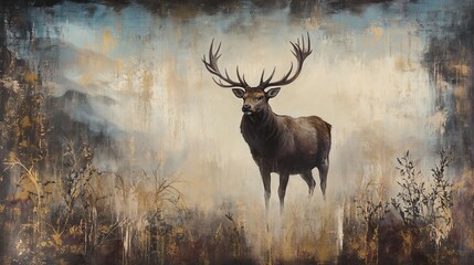 A majestic stag stands tall in a misty forest, its antlers reaching towards the sky.