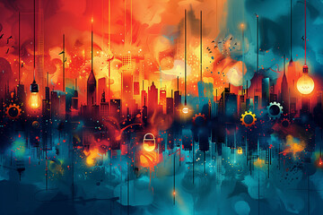 Obraz premium An imaginative and colorful digital artwork depicting a vibrant cityscape with mechanical elements and abstract shapes