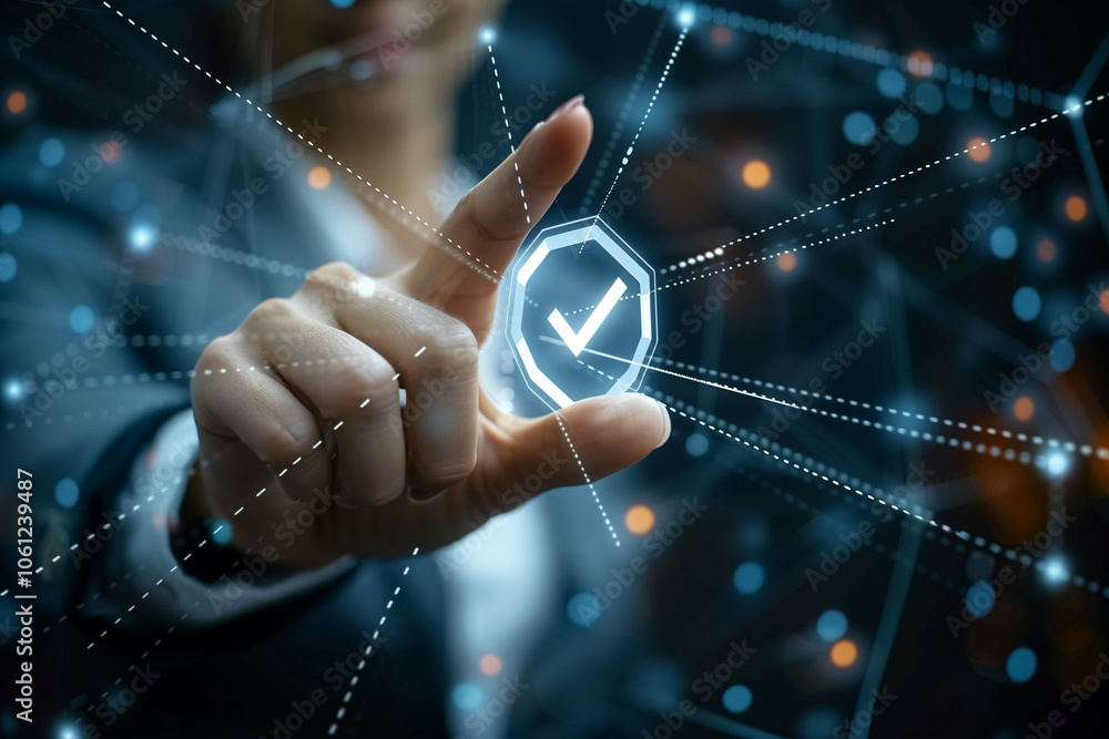 Poster a modern and sophisticated image showing a business person interacting with a futuristic interface, 