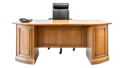Executive wooden desk with black chair, white isolated background