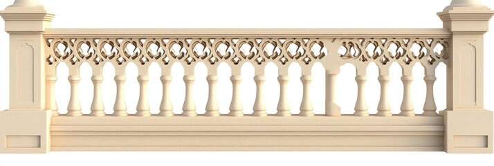 A decorative architectural railing with intricate designs and balusters.