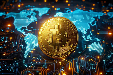 A visually striking digital representation of Bitcoin against a global circuit board background