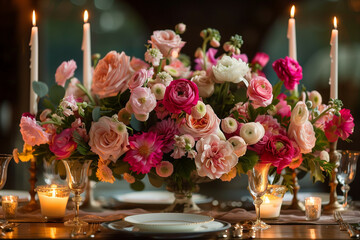 Obraz premium An Elegant Floral Arrangement for a Romantic Dinner Setting with Candles and Fine Dining Tableware
