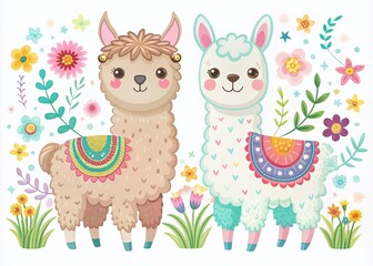 Naklejka premium Vintage Style Llama and Alpaca Cartoon Illustrations for Children - Trendy Flat Design on White Background, Perfect for Kids' Decor and Educational Materials