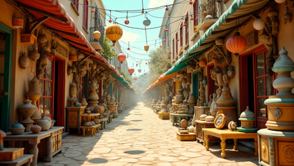 Naklejka premium Vibrant Street Scene Filled with Eclectic Furniture and Toys Inviting Imagination and Community Exploration