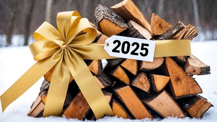 Gold ribbon tied around a stack of firewood with a 2025 tag placed in a snowy outdoor setting Happy new year